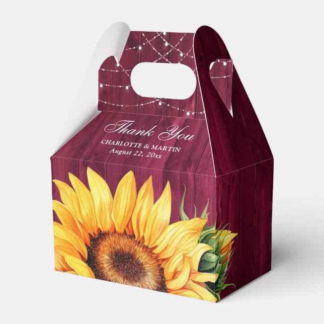Rustic Burgundy Wood Sunflower Floral Monogram Favour Box (Front Side)
