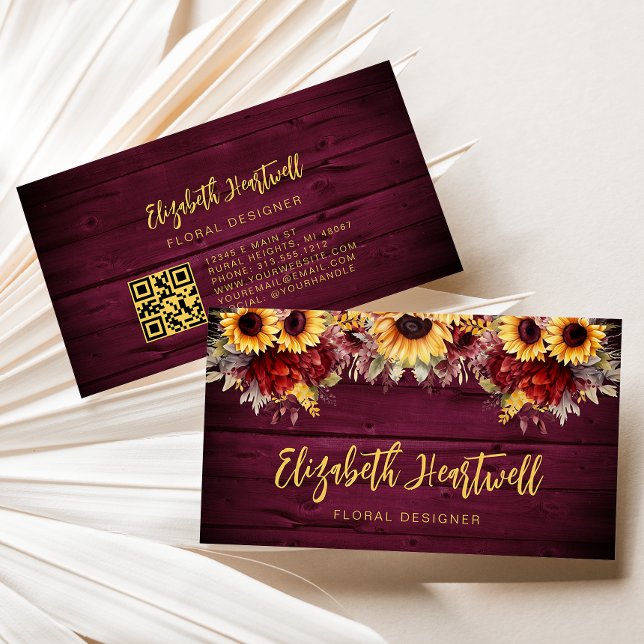 Rustic Burgundy Wood Sunflower Floral QR Code Business Card (Creator Uploaded)