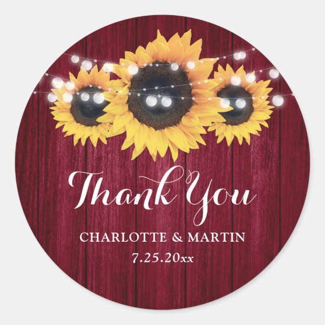 Rustic Burgundy Wood Sunflower Wedding Favour Classic Round Sticker (Front)