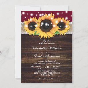 Rustic Burgundy Wood Sunflower Wedding Invitation