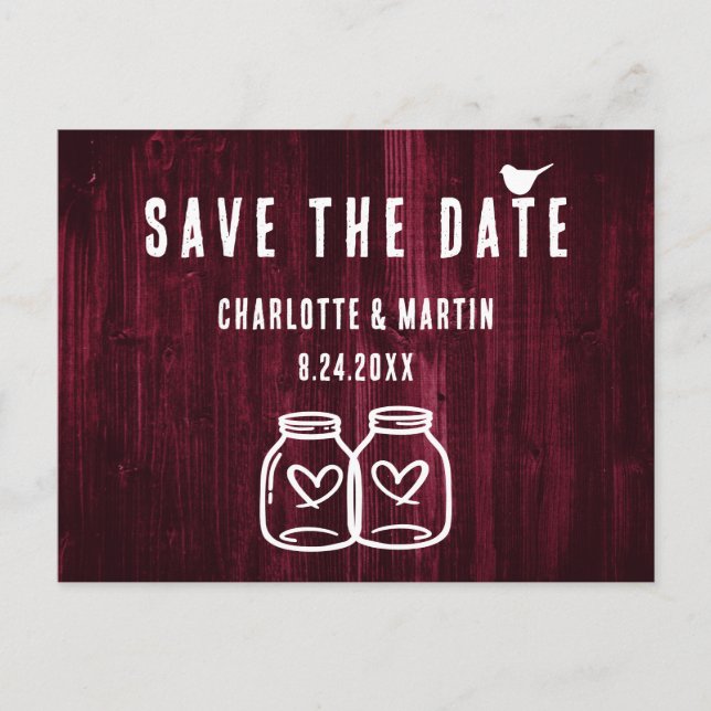Rustic Burgundy Wood Wedding Save The Date Announcement Postcard (Front)
