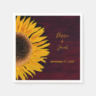 Rustic Burgundy Wood Yellow Sunflower Wedding Napkin