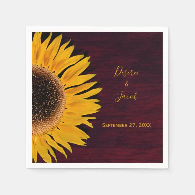 Rustic Burgundy Wood Yellow Sunflower Wedding Napkin (Front)