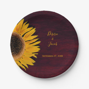 Rustic Burgundy Wood Yellow Sunflower Wedding Paper Plate