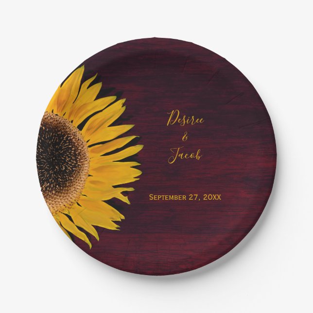 Rustic Burgundy Wood Yellow Sunflower Wedding Paper Plate (Front)