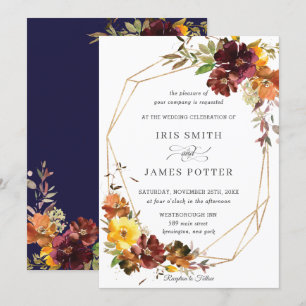 Rustic Burgundy Yellow Floral Wedding Geometric Invitation