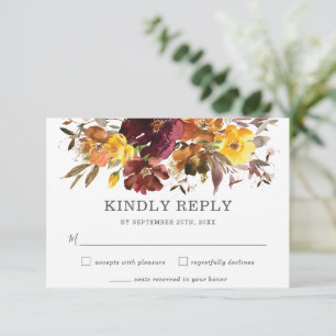 Rustic Burgundy Yellow Floral Wedding RSVP Card