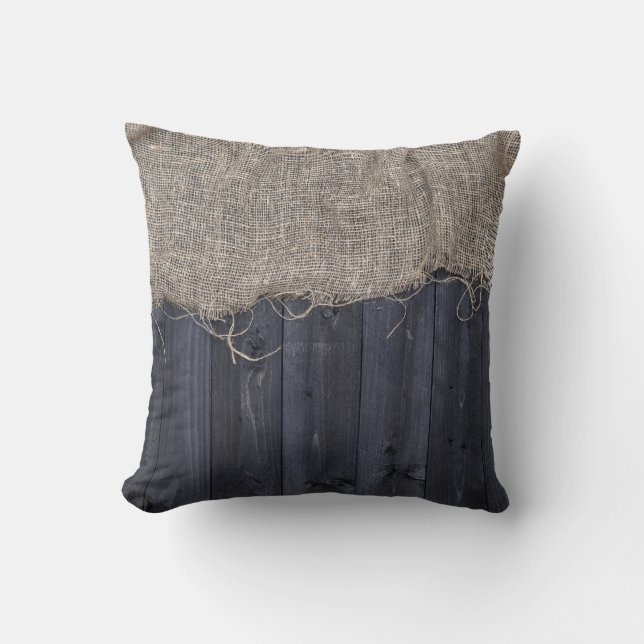 Rustic Burlap and Barn Wood Pattern Throw Pillow (Front)