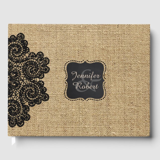 Rustic Burlap and Black Lace Custom Guest Book (Front)