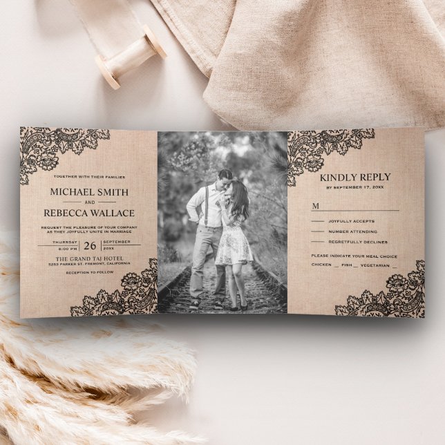 Rustic Burlap and Black Lace Wedding Photo Tri-Fold Invitation (Creator Uploaded)