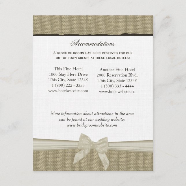 Rustic Burlap and Bow Direction Info Card (Front)