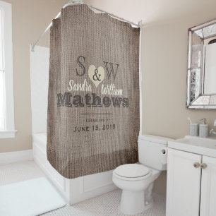 Rustic Burlap and Heart Monogram Wedding Shower Curtain