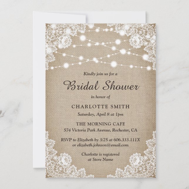 Rustic Burlap and Lace Bridal Shower Invitation (Front)