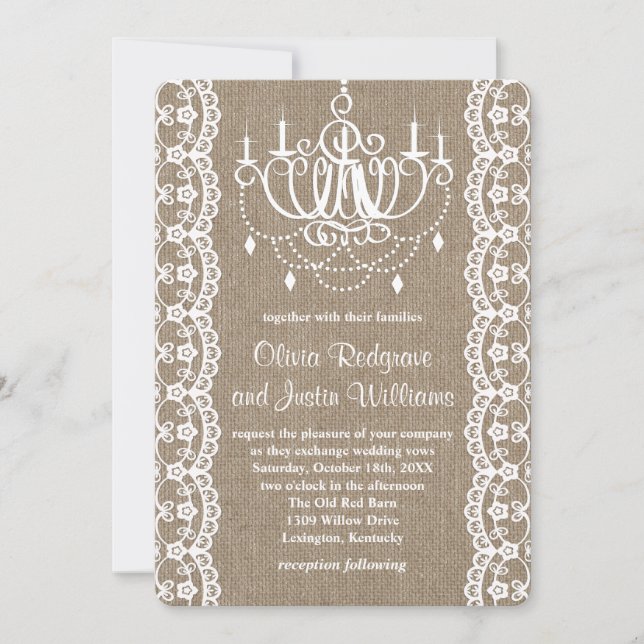 Rustic Burlap and Lace Chandelier Wedding Invitation (Front)
