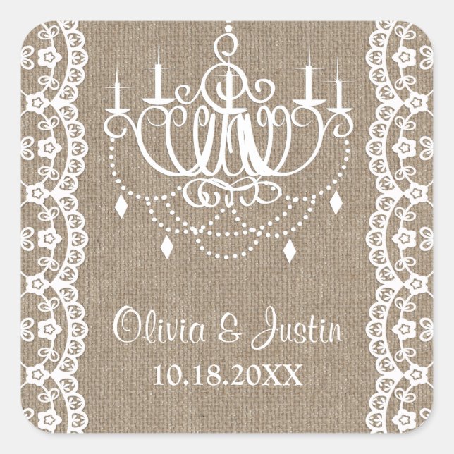 Rustic Burlap and Lace Chandelier Wedding Square Sticker (Front)