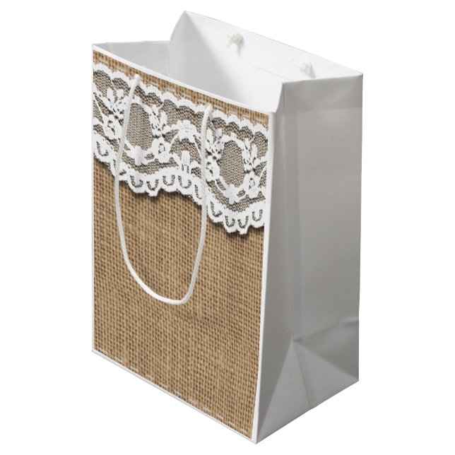 Rustic Burlap and Lace Effect Paper Bag (Front Angled)