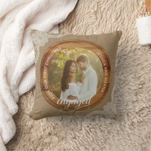 Rustic Burlap and Lace First Christmas engaged Cushion