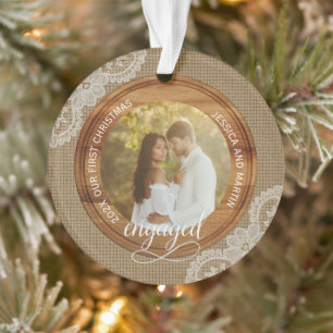 Rustic Burlap and Lace First Christmas engaged Ornament
