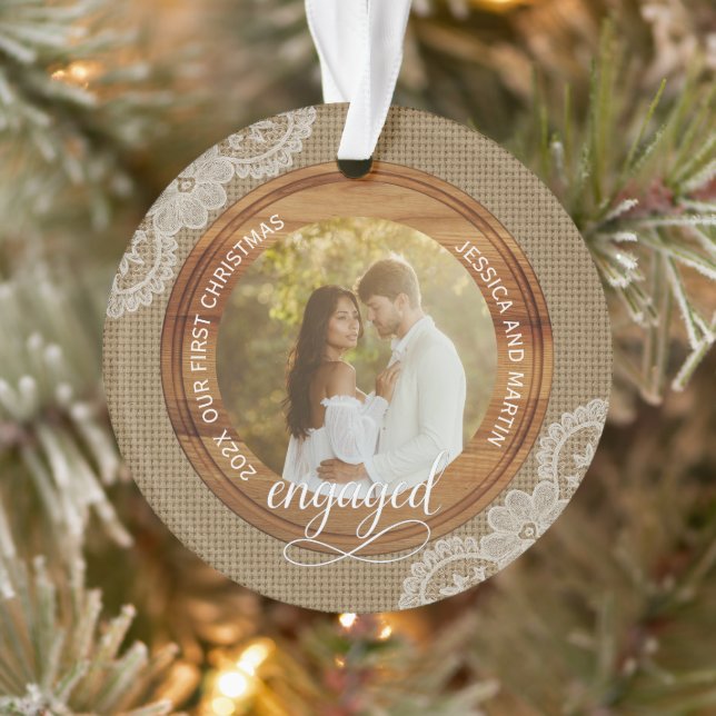 Rustic Burlap and Lace First Christmas engaged Ornament (Tree)