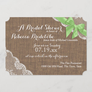 Rustic Burlap and Lace Green Bow Bridal Shower Invitation