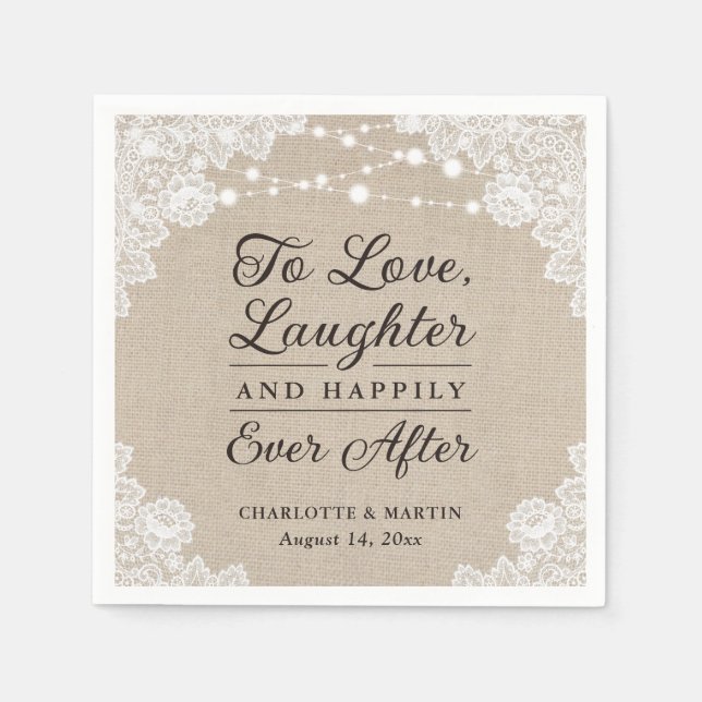 Rustic Burlap and Lace Happily Ever After Wedding  Napkin (Front)