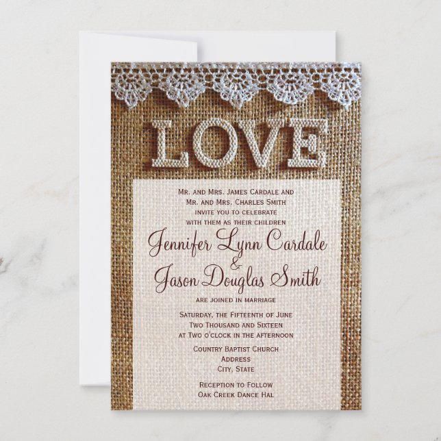 Rustic Burlap and Lace LOVE Wedding Invitations (Front)