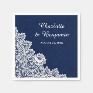 Rustic Burlap and Lace Navy Blue Wedding Napkin