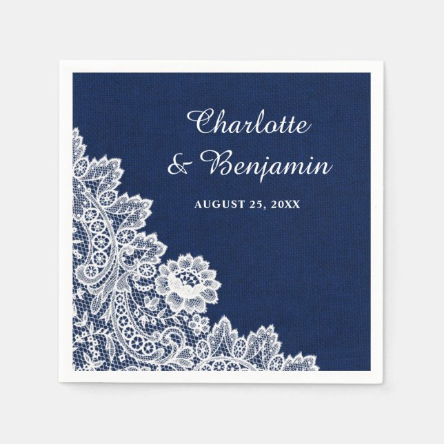 Rustic Burlap and Lace Navy Blue Wedding Napkin (Front)