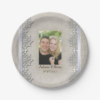 Rustic Burlap And Lace Photo Wedding Paper Plate