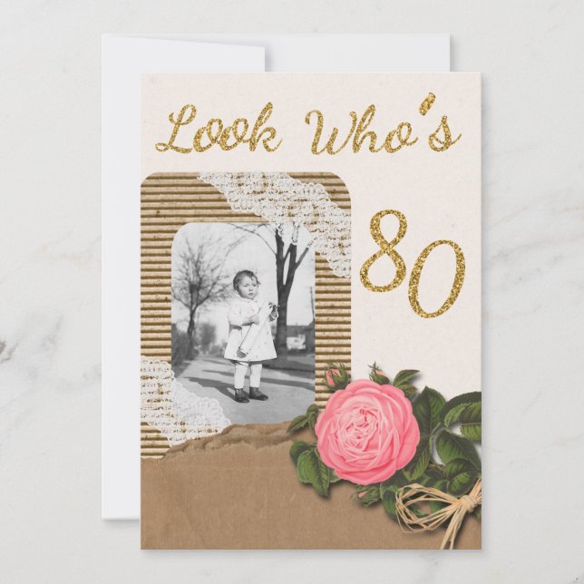 Rustic Burlap and Lace Rose 80th Birthday Invite (Front)