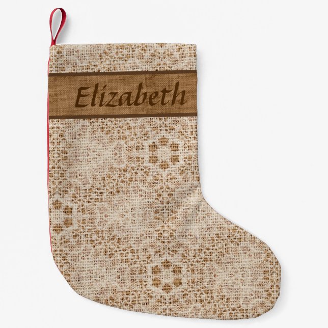 Rustic Burlap and Lace Snowflake Personalised Small Christmas Stocking (Front)