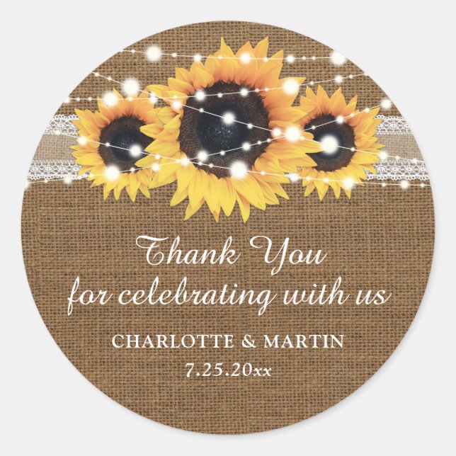 Rustic Burlap and Lace Sunflower Wedding Thank You Classic Round Sticker (Front)