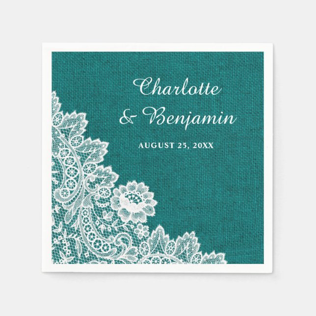 Rustic Burlap and Lace Teal Wedding Napkins (Front)
