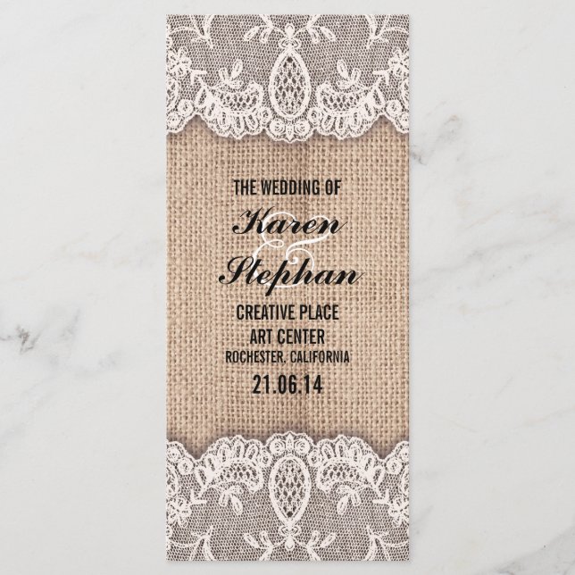 Rustic burlap and lace wedding programs programme (Front)