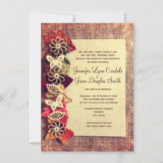 Rustic Burlap and Leaves Fall Wedding Invitations