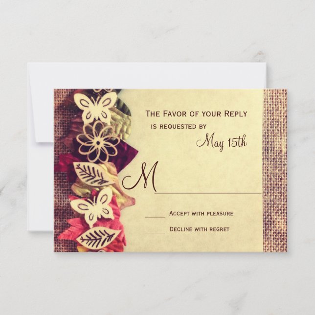 Rustic Burlap and Leaves Wedding RSVP Cards (Front)