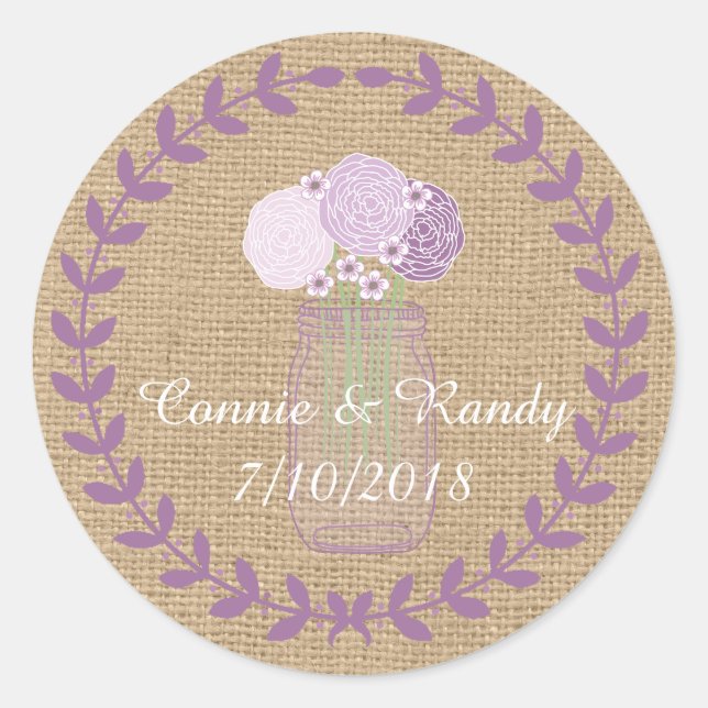 Rustic Burlap and Purple Mason Jar Flowers Wedding Classic Round Sticker (Front)