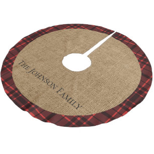 Rustic Burlap and Red Plaid Brushed Polyester Tree Skirt