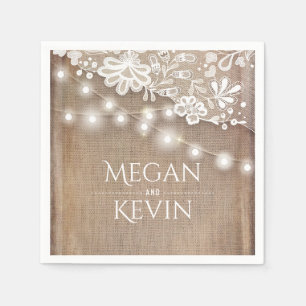Rustic Burlap and String Lights Lace Wedding Napkin