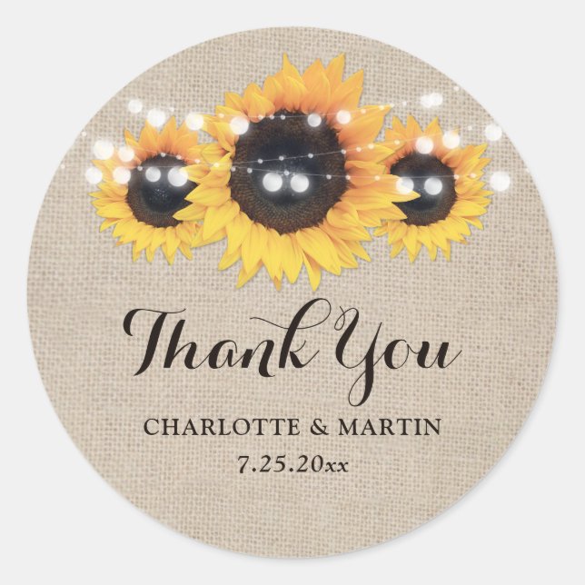 Rustic Burlap and Sunflower Thank You Stickers (Front)