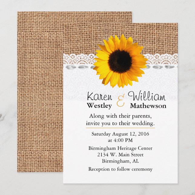 Rustic Burlap and Sunflower Wedding Invitation (Front/Back)