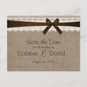 Rustic Burlap and Vintage Lace Save the Date Announcement Postcard