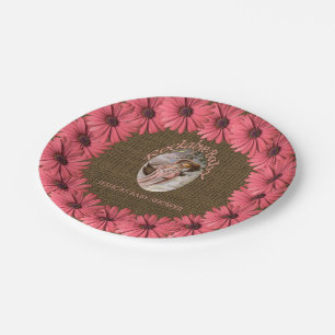 Rustic Burlap Baby Shower   Brown Pink Floral Paper Plate