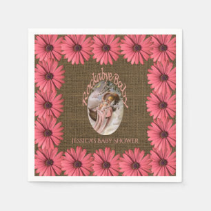 Rustic Burlap Baby Shower   Floral Pink Brown Napkin