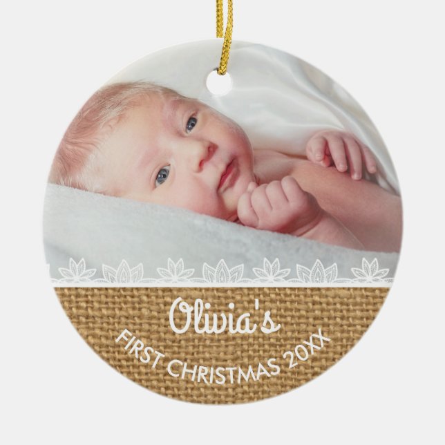 Rustic Burlap Baby's First Christmas Ceramic Tree Decoration (Front)