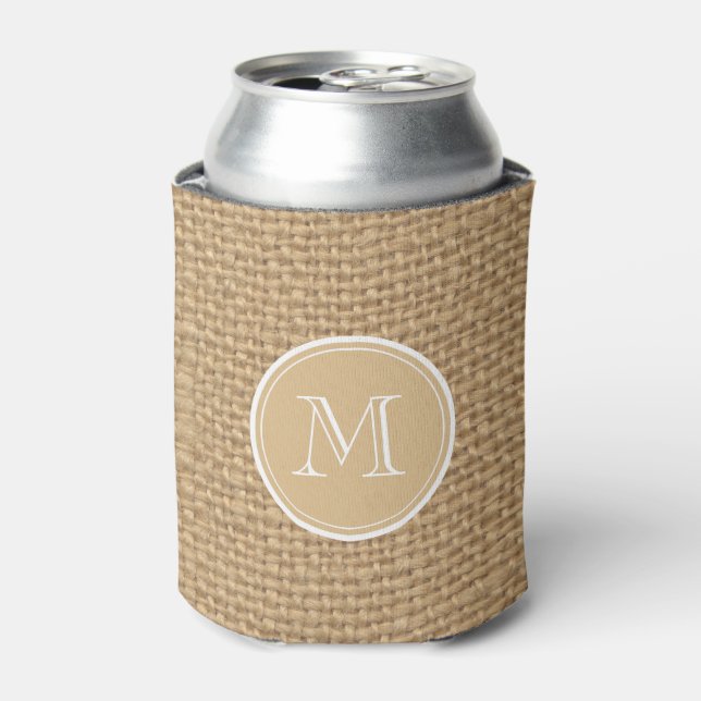 Rustic Burlap Background Monogram Can Cooler (Can Front)