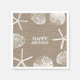 Rustic Burlap Beach Theme Seashells Birthday Napkin