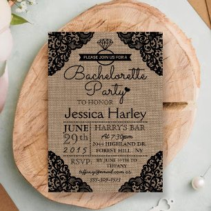 Rustic Burlap & Black Lace Bachelorette Party Invitation