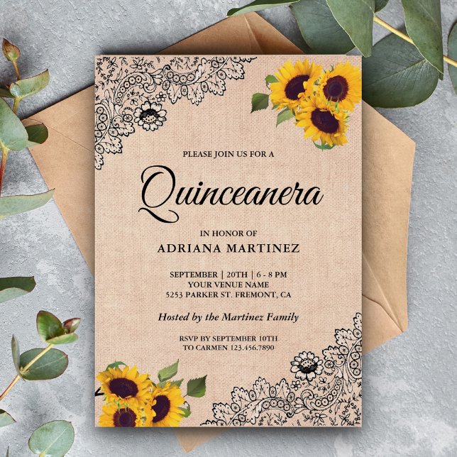 Rustic Burlap Black Lace Sunflower Quinceanera Invitation (Creator Uploaded)