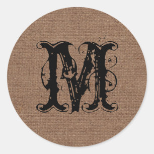 Rustic Burlap Black Monogram - Shabby Chic Classic Round Sticker